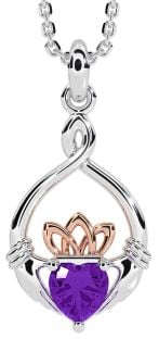 Amethyst Rose Gold Silver Claddagh Necklace