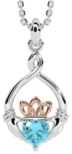 Aquamarine Rose Gold Silver Claddagh Necklace