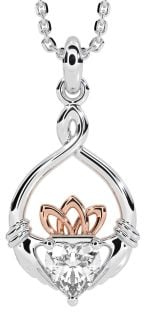 Diamond Rose Gold Silver Claddagh Necklace