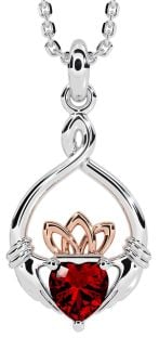 Garnet Rose Gold Silver Claddagh Necklace