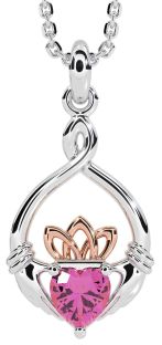 Pink Tourmaline Rose Gold Silver Claddagh Necklace