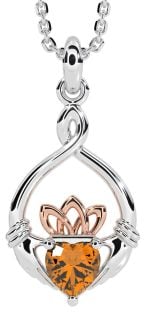 Citrine White Rose Gold Claddagh Necklace