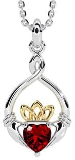 Garnet White Yellow Gold Claddagh Necklace