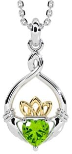 Peridot White Yellow Gold Claddagh Necklace