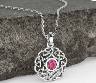 Pink Tourmaline White Gold Celtic Necklace