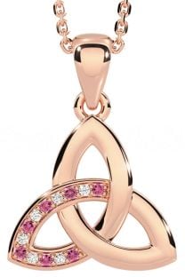 Diamond Pink Tourmaline Rose Gold Silver Celtic Trinity Knot Necklace