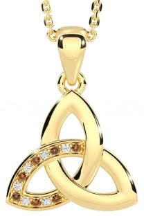 Diamond Citrine Gold Silver Celtic Trinity Knot Necklace