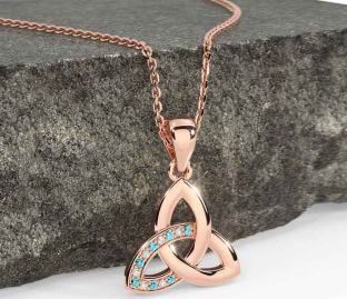 Diamond Aquamarine Rose Gold Celtic Trinity Knot Necklace