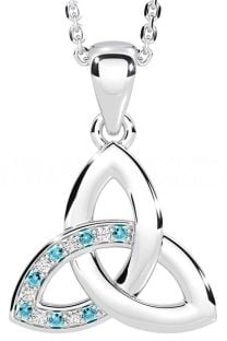 Diamond Aquamarine Silver Celtic Trinity Knot Necklace