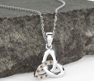 Diamond Citrine White Gold Celtic Trinity Knot Necklace