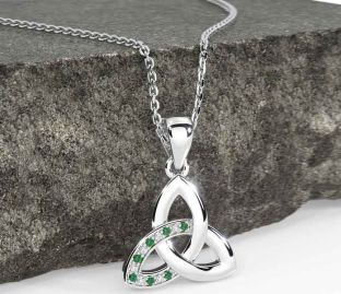 Diamond Emerald White Gold Celtic Trinity Knot Necklace