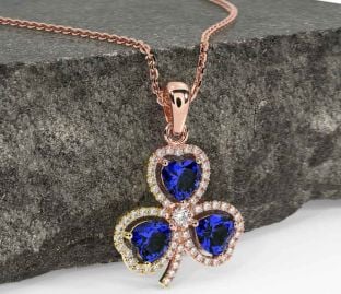Diamond Sapphire Rose Gold Silver Shamrock Necklace