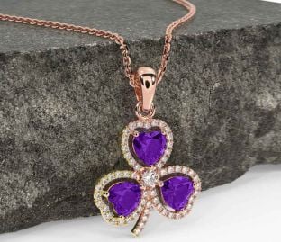 Diamond Amethyst Rose Gold Shamrock Necklace