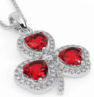 Diamond Ruby Silver Shamrock Necklace