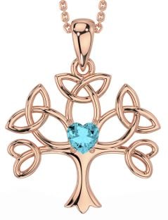 Aquamarine Rose Gold Silver Celtic Tree of Life Trinity Knot Necklace