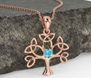Aquamarine Rose Gold Silver Celtic Tree of Life Trinity Knot Necklace