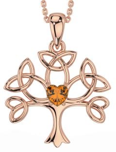 Citrine Rose Gold Silver Celtic Tree of Life Trinity Knot Necklace