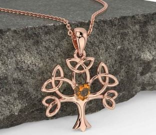 Citrine Rose Gold Silver Celtic Tree of Life Trinity Knot Necklace