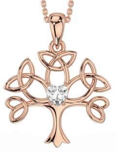 Diamond Rose Gold Silver Celtic Tree of Life Trinity Knot Necklace