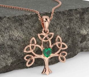 Emerald Rose Gold Silver Celtic Tree of Life Trinity Knot Necklace