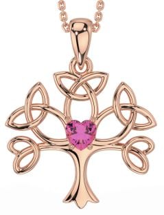 Pink Tourmaline Rose Gold Silver Celtic Tree of Life Trinity Knot Necklace