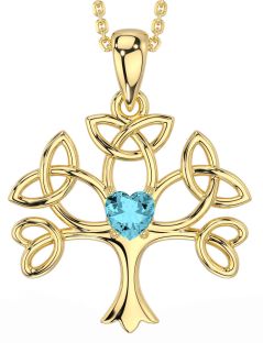 Aquamarine Gold Silver Celtic Tree of Life Trinity Knot Necklace