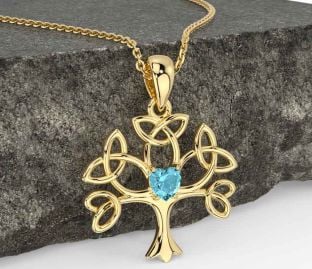 Aquamarine Gold Silver Celtic Tree of Life Trinity Knot Necklace
