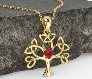 Ruby Gold Silver Celtic Tree of Life Trinity Knot Necklace