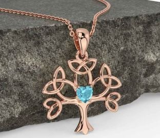 Aquamarine Rose Gold Celtic Tree of Life Trinity Knot Necklace