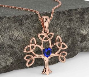 Sapphire Rose Gold Celtic Tree of Life Trinity Knot Necklace