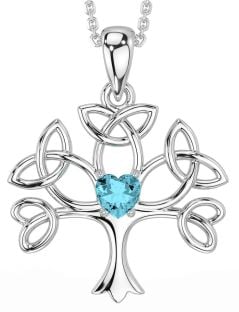 Aquamarine Silver Celtic Tree of Life Trinity Knot Necklace