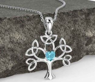 Aquamarine Silver Celtic Tree of Life Trinity Knot Necklace