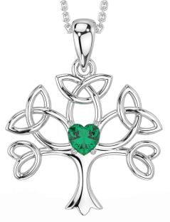 Emerald Silver Celtic Tree of Life Trinity Knot Necklace