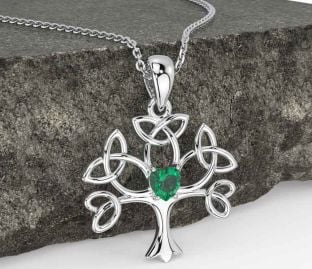 Emerald Silver Celtic Tree of Life Trinity Knot Necklace