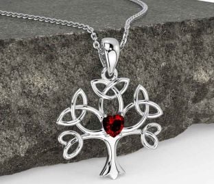 Garnet Silver Celtic Tree of Life Trinity Knot Necklace
