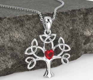 Ruby Silver Celtic Tree of Life Trinity Knot Necklace