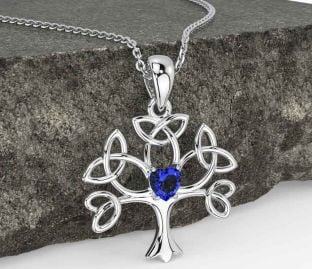 Sapphire Silver Celtic Tree of Life Trinity Knot Necklace