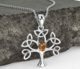 Citrine White Gold Celtic Tree of Life Trinity Knot Necklace