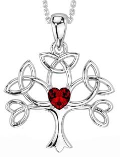 Garnet White Gold Celtic Tree of Life Trinity Knot Necklace