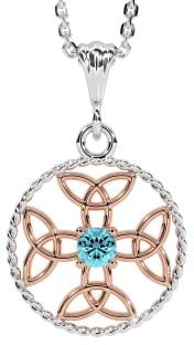 Aquamarine Rose Gold Silver Celtic Cross Trinity Knot Necklace