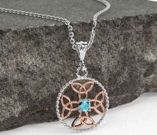 Aquamarine Rose Gold Silver Celtic Cross Trinity Knot Necklace