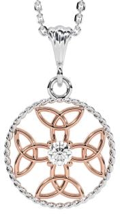 Diamond Rose Gold Silver Celtic Cross Trinity Knot Necklace