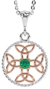 Emerald Rose Gold Silver Celtic Cross Trinity Knot Necklace