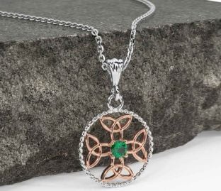 Emerald Rose Gold Silver Celtic Cross Trinity Knot Necklace