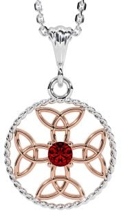 Garnet Rose Gold Silver Celtic Cross Trinity Knot Necklace