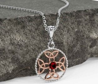 Garnet Rose Gold Silver Celtic Cross Trinity Knot Necklace