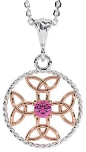 Pink Tourmaline Rose Gold Silver Celtic Cross Trinity Knot Necklace