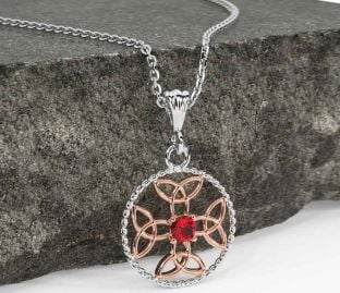 Ruby Rose Gold Silver Celtic Cross Trinity Knot Necklace