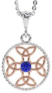 Sapphire Rose Gold Silver Celtic Cross Trinity Knot Necklace