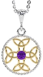 Amethyst Gold Silver Celtic Cross Trinity Knot Necklace